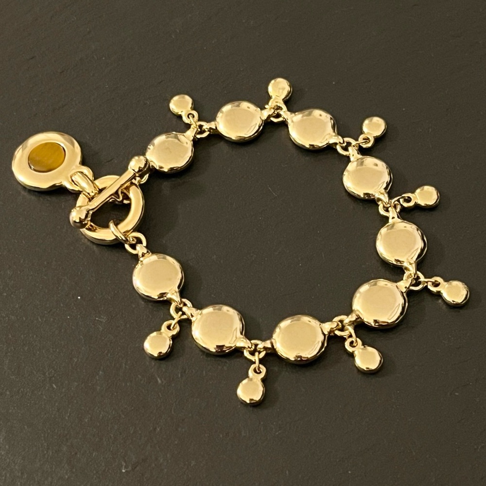 Sparkling Gold Tone Disc Link 8” Bracelet With Tiger Eye Toggle - Picture 5 of 12